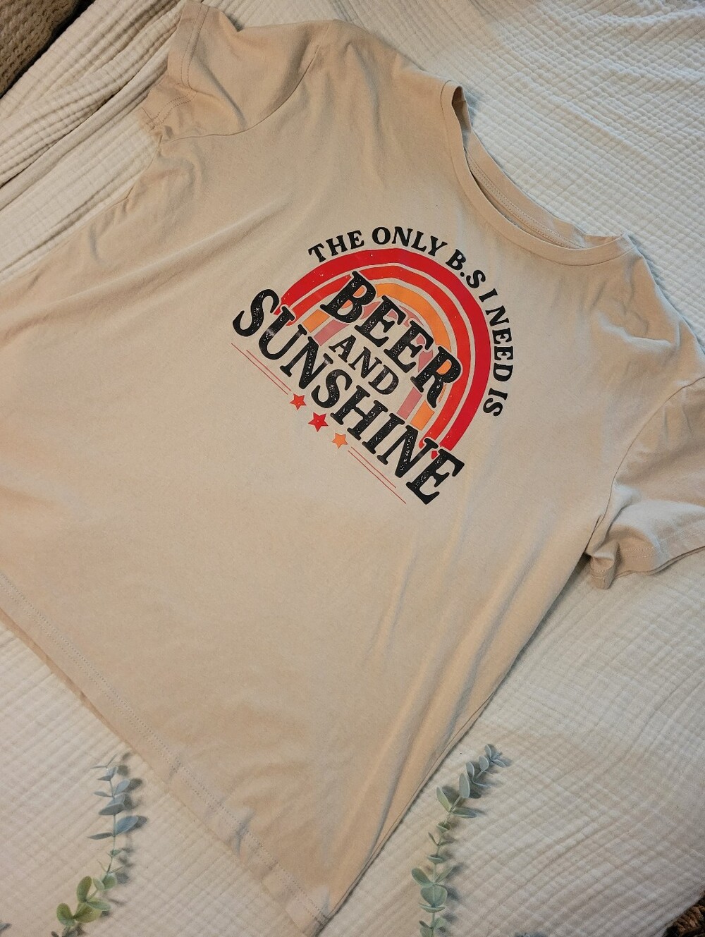 SHEIN Beige Graphic Tee with Red & Orange Rainbow